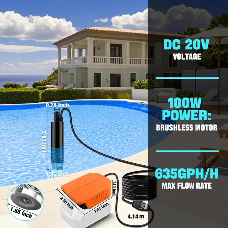 TEPULAS Mini Water Transfer Pump for Dewalt 20V 60V Battery, 635GPH Cordless Water Pump for Pool Draining, Pond, Garden, Fish Tank(Bare Tool) - Image 2
